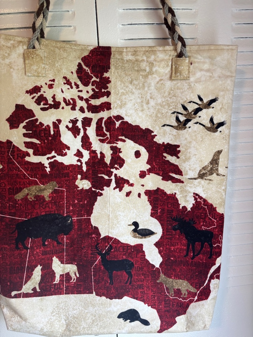 Boho Canada Map Tote Bag Double Face Braided Handle Rustic Chic - Picture 3 of 8